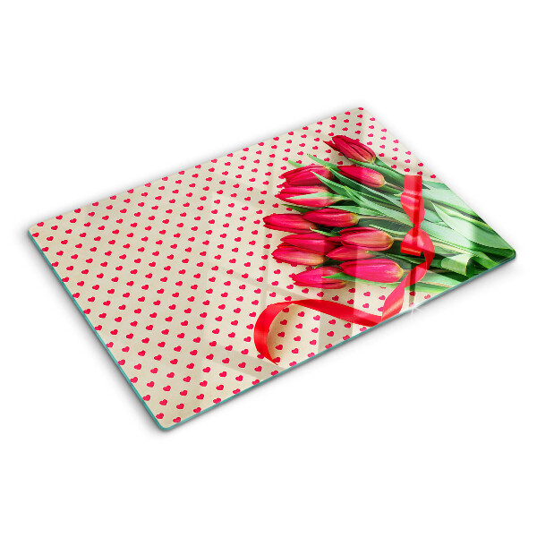 Szklana deska kuchenna z motywem tulipanów z serduszkami i wstążką