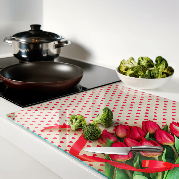 Szklana deska kuchenna z motywem tulipanów z serduszkami i wstążką