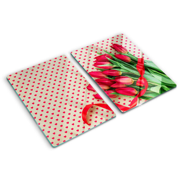Szklana deska kuchenna z motywem tulipanów z serduszkami i wstążką