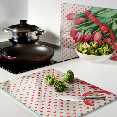 Szklana deska kuchenna z motywem tulipanów z serduszkami i wstążką