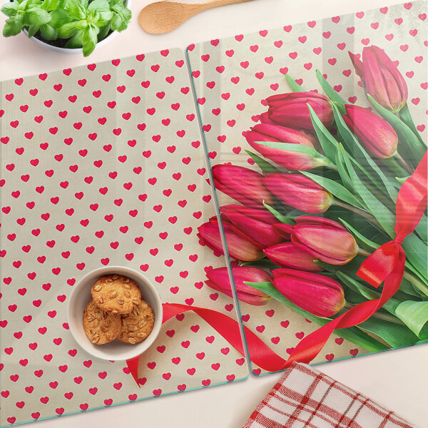 Szklana deska kuchenna z motywem tulipanów z serduszkami i wstążką