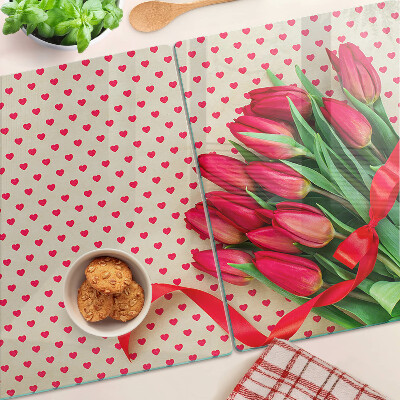 Szklana deska kuchenna z motywem tulipanów z serduszkami i wstążką