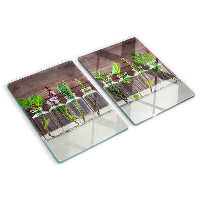 Deska kuchenna szklana z nadrukiem przedstawiającym rośliny w butelkach