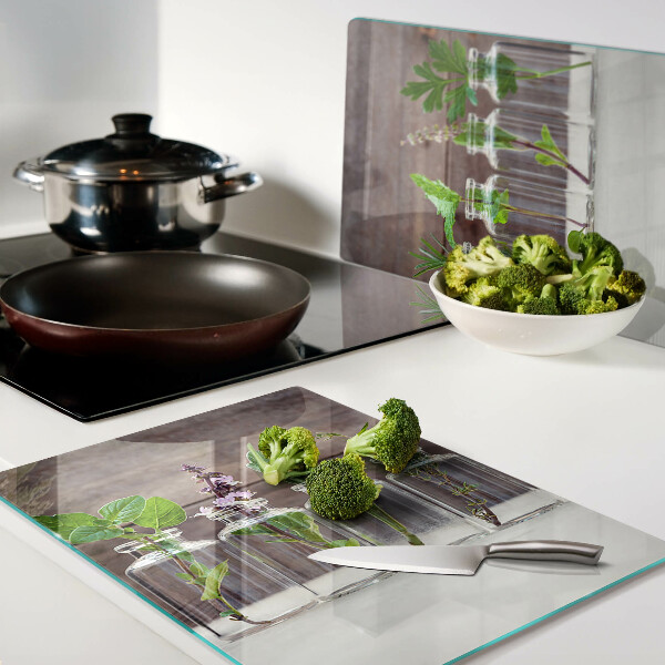 Deska kuchenna szklana z nadrukiem przedstawiającym rośliny w butelkach