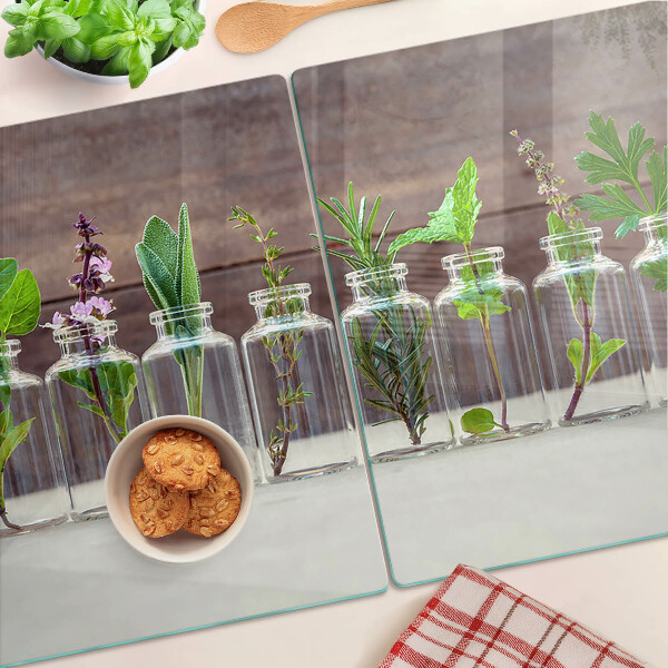 Deska kuchenna szklana z nadrukiem przedstawiającym rośliny w butelkach