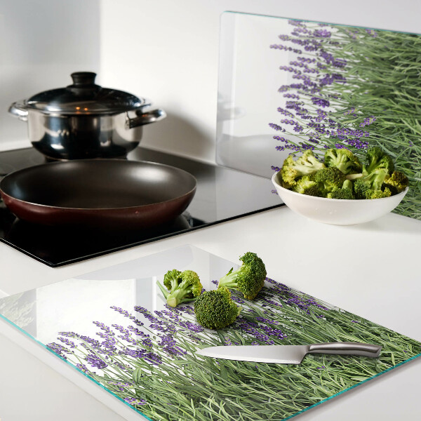 Szklana deska kuchenna z motywem lawendowego pola w słońcu