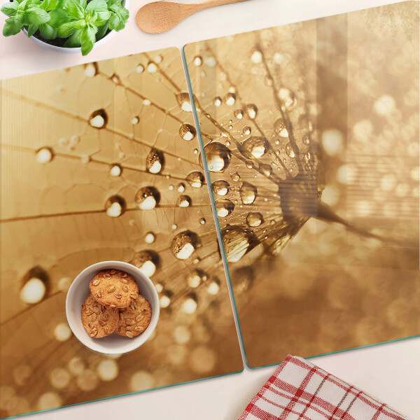 Szklana deska kuchenna z motywem kropli wody na mniszku lekarskim