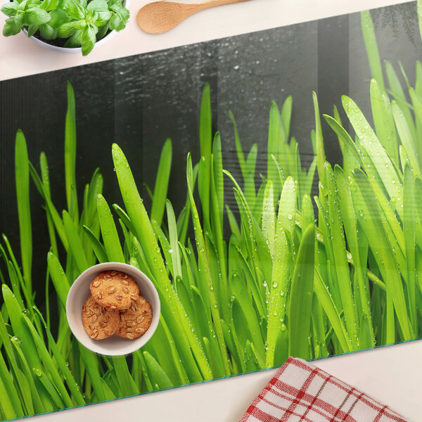 Deska kuchenna szklana z motywem zielonej trawy z kroplami wody
