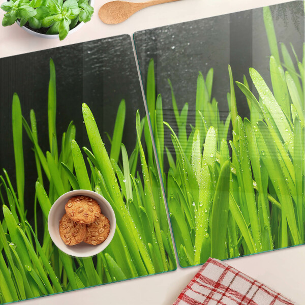 Deska kuchenna szklana z motywem zielonej trawy z kroplami wody