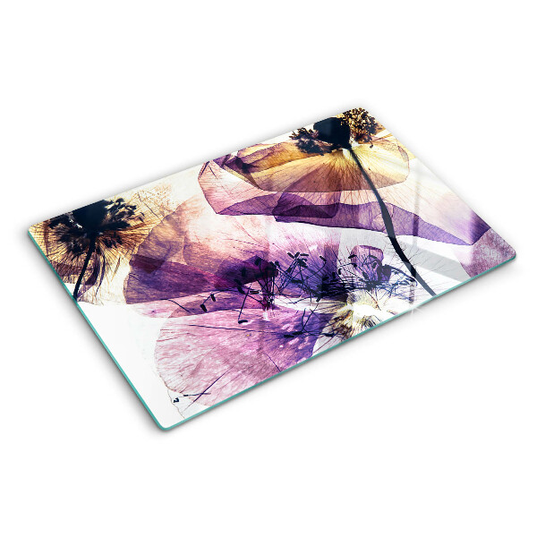 Szklana deska kuchenna z motywem kwiatów w odcieniach fioletu i żółci