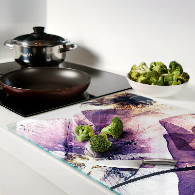 Szklana deska kuchenna z motywem kwiatów w odcieniach fioletu i żółci