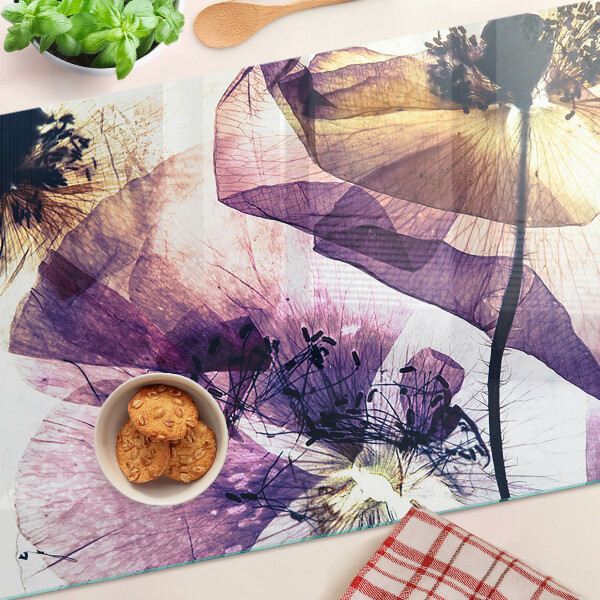 Szklana deska kuchenna z motywem kwiatów w odcieniach fioletu i żółci