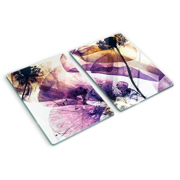 Szklana deska kuchenna z motywem kwiatów w odcieniach fioletu i żółci
