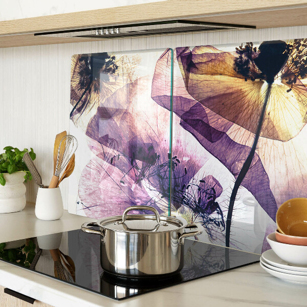Szklana deska kuchenna z motywem kwiatów w odcieniach fioletu i żółci