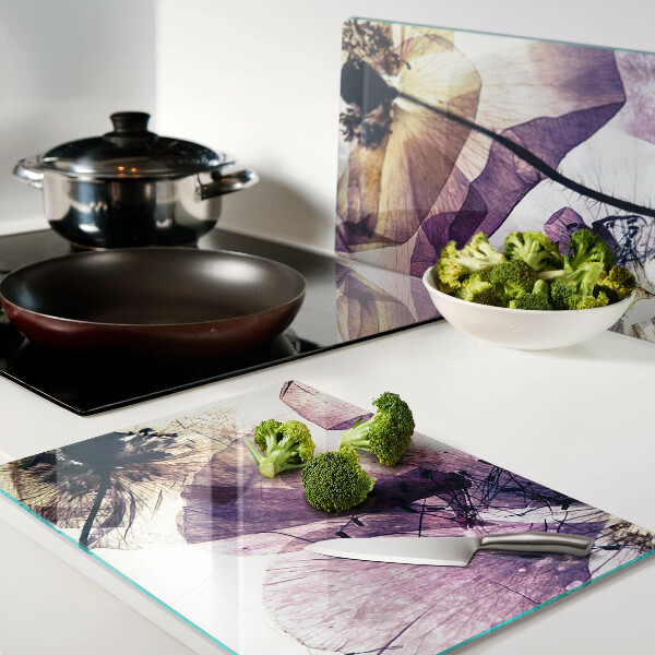 Szklana deska kuchenna z motywem kwiatów w odcieniach fioletu i żółci