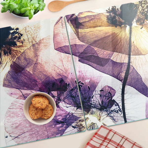 Szklana deska kuchenna z motywem kwiatów w odcieniach fioletu i żółci