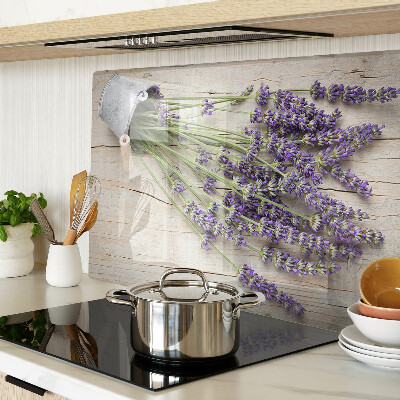 Szklana deska kuchenna z nadrukiem przedstawiającym lawendę w doniczce na drewnianym tle
