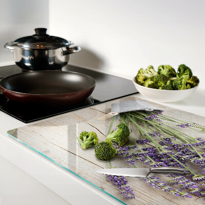 Szklana deska kuchenna z nadrukiem przedstawiającym lawendę w doniczce na drewnianym tle