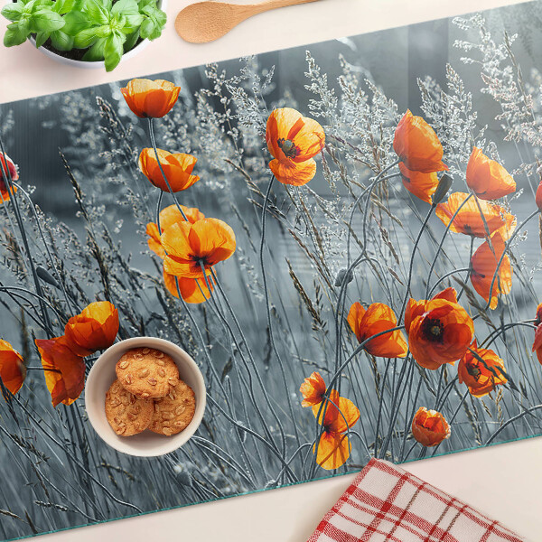 Deska kuchenna szklana z nadrukiem makowego krajobrazu w odcieniach szarości