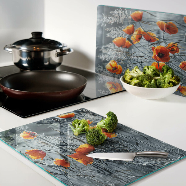 Deska kuchenna szklana z nadrukiem makowego krajobrazu w odcieniach szarości