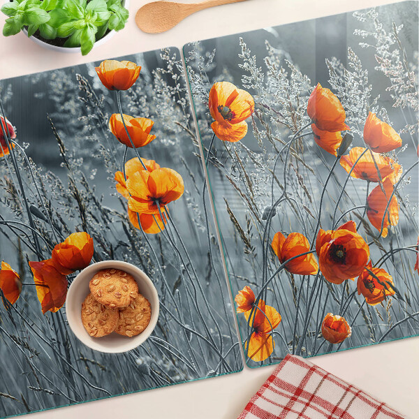 Deska kuchenna szklana z nadrukiem makowego krajobrazu w odcieniach szarości