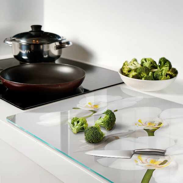 Deska kuchenna szklana z motywem orchidei na tle lustrzanym