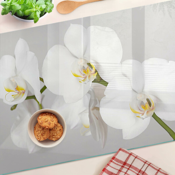 Deska kuchenna szklana z motywem orchidei na tle lustrzanym