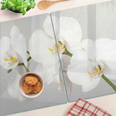 Deska kuchenna szklana z motywem orchidei na tle lustrzanym