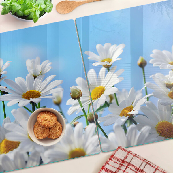 Szklana deska do krojenia z motywem stokrotek na niebieskim tle