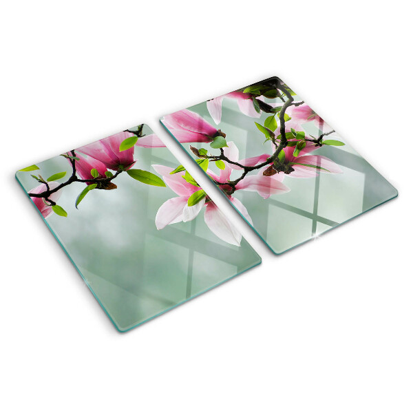 Szklana deska do krojenia z motywem kwiatów magnolii na zielonym tle