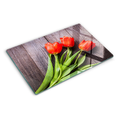 Szklana deska kuchenna Tulipany na drewnianym tle