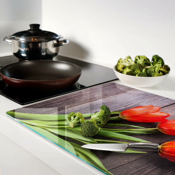 Szklana deska kuchenna z motywem tulipanów na tle przypominającym drewno