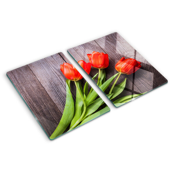 Szklana deska kuchenna z motywem tulipanów na tle przypominającym drewno