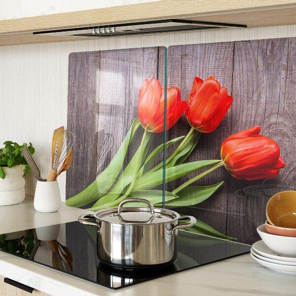 Szklana deska kuchenna z motywem tulipanów na tle przypominającym drewno