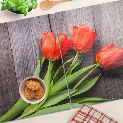 Szklana deska kuchenna z motywem tulipanów na tle przypominającym drewno