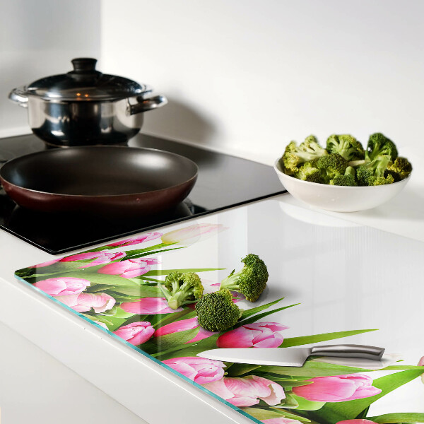 Szklana deska kuchenna z nadrukiem tulipanów w pastelowych kolorach