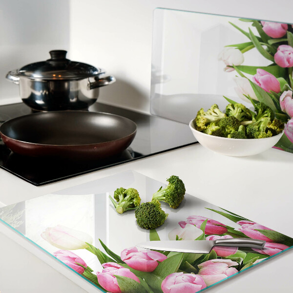 Szklana deska kuchenna z nadrukiem tulipanów w pastelowych kolorach