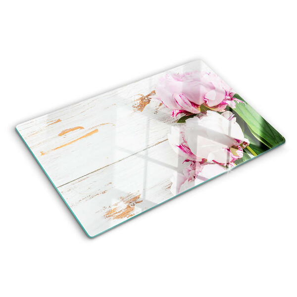 Deska kuchenna szklana z motywem kwiatów piwonii na tle drewna