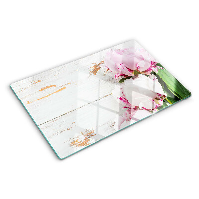 Deska kuchenna szklana z motywem kwiatów piwonii na tle drewna