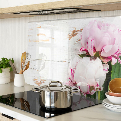 Deska kuchenna szklana z motywem kwiatów piwonii na tle drewna