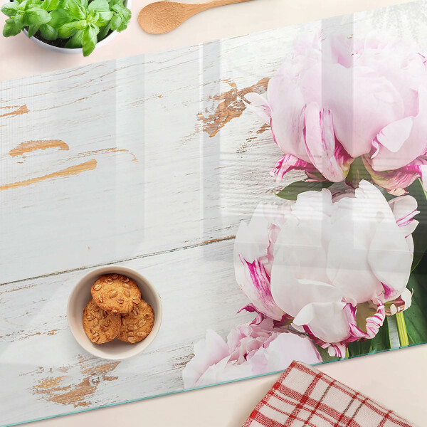 Deska kuchenna szklana z motywem kwiatów piwonii na tle drewna