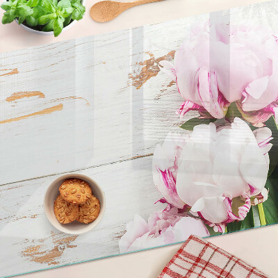 Deska kuchenna szklana z motywem kwiatów piwonii na tle drewna