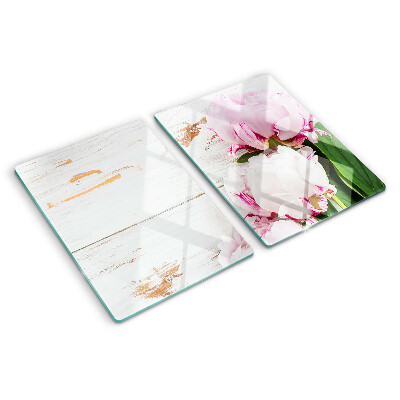 Deska kuchenna szklana z motywem kwiatów piwonii na tle drewna