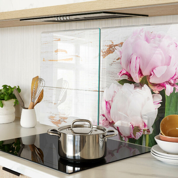 Deska kuchenna szklana z motywem kwiatów piwonii na tle drewna