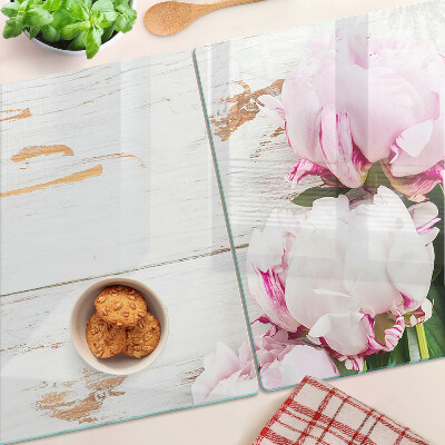 Deska kuchenna szklana z motywem kwiatów piwonii na tle drewna