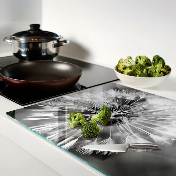 Szklana deska kuchenna z motywem dmuchawców w czerni i bieli