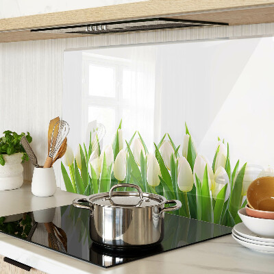 Deska kuchenna szklana z motywem tulipanów na tle zielonej trawy