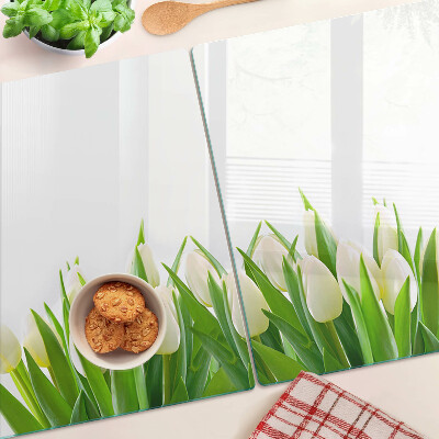 Deska kuchenna szklana z motywem tulipanów na tle zielonej trawy