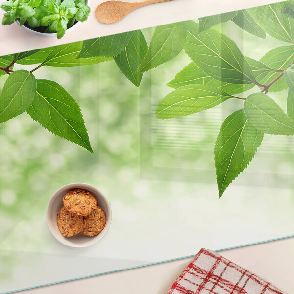 Szklana deska kuchenna z motywem liści na tle rozmytej zieleni