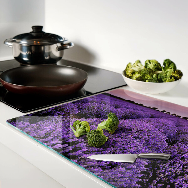 Szklana deska do krojenia z nadrukiem pola lawendy w pełnym rozkwicie